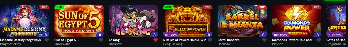 Featured slot games carousel showing Madame Destiny, Sun of Egypt 5, Le King, 5 Relics of Power, Barrel Bonanza, Diamonds Power, and Gates of Hades.