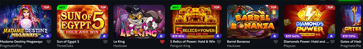 Featured slot games carousel showing Madame Destiny, Sun of Egypt 5, Le King, 5 Relics of Power, Barrel Bonanza, Diamonds Power, and Gates of Hades.